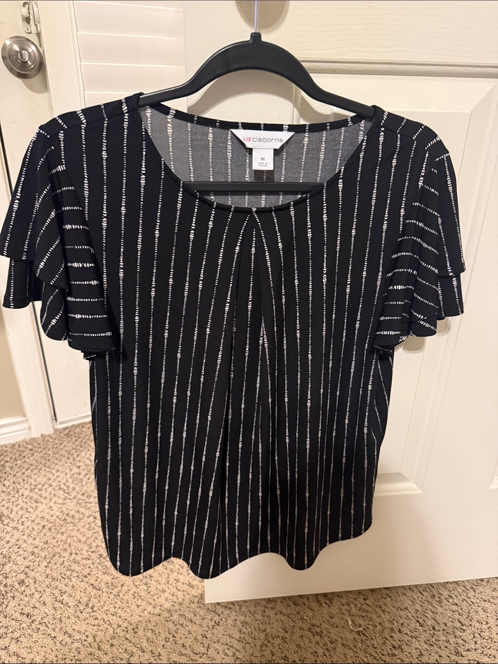 Liz Claiborne Black Top with Vertical White Pinstripes and Flutter Sleeves
